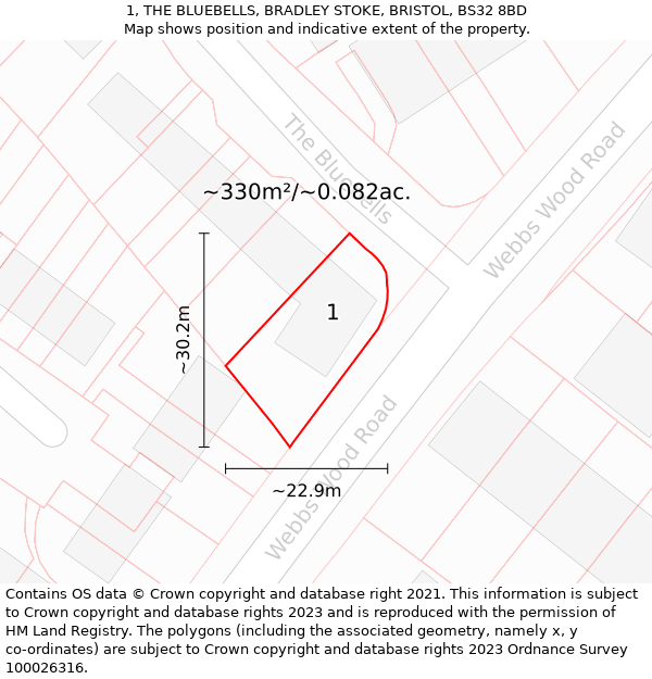 1, THE BLUEBELLS, BRADLEY STOKE, BRISTOL, BS32 8BD: Plot and title map
