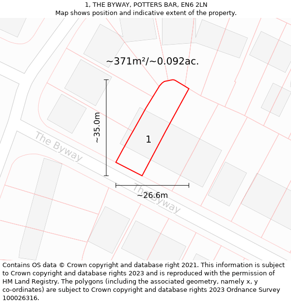 1, THE BYWAY, POTTERS BAR, EN6 2LN: Plot and title map