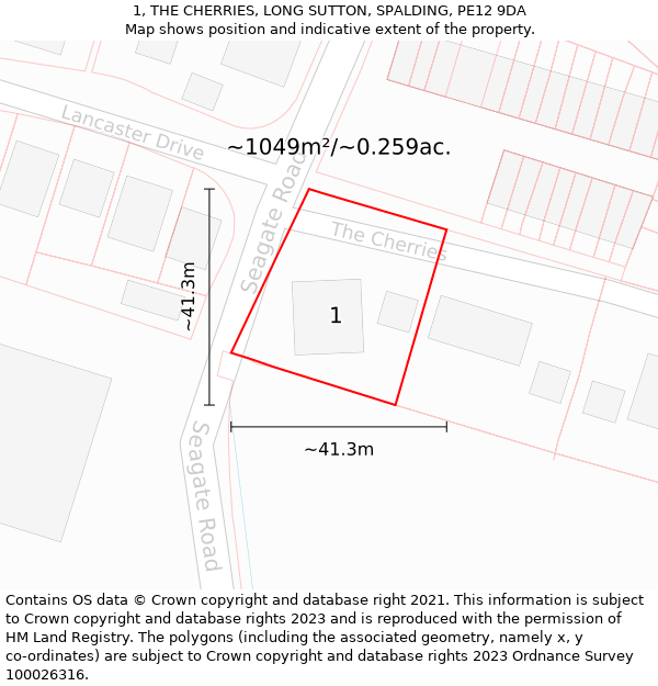 1, THE CHERRIES, LONG SUTTON, SPALDING, PE12 9DA: Plot and title map