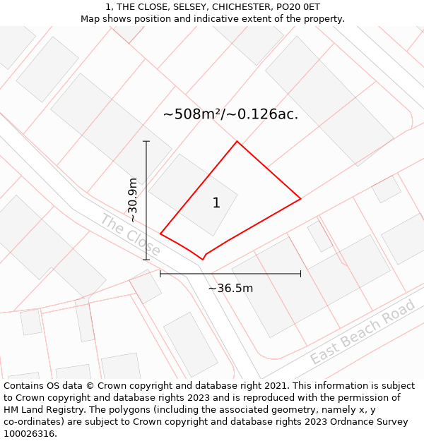 1, THE CLOSE, SELSEY, CHICHESTER, PO20 0ET: Plot and title map