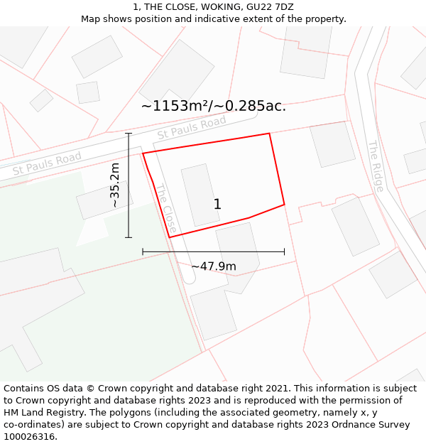 1, THE CLOSE, WOKING, GU22 7DZ: Plot and title map