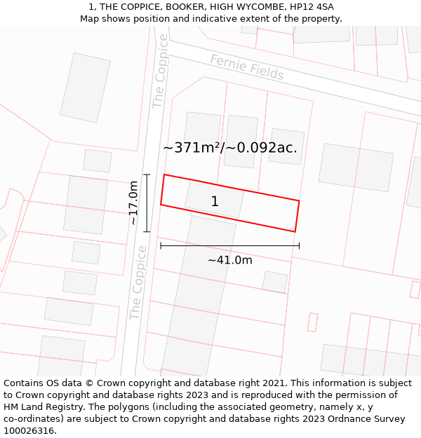 1, THE COPPICE, BOOKER, HIGH WYCOMBE, HP12 4SA: Plot and title map