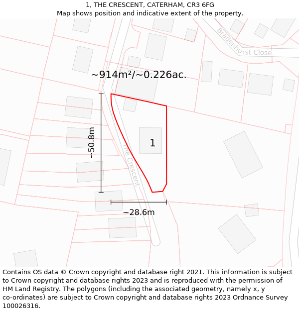 1, THE CRESCENT, CATERHAM, CR3 6FG: Plot and title map