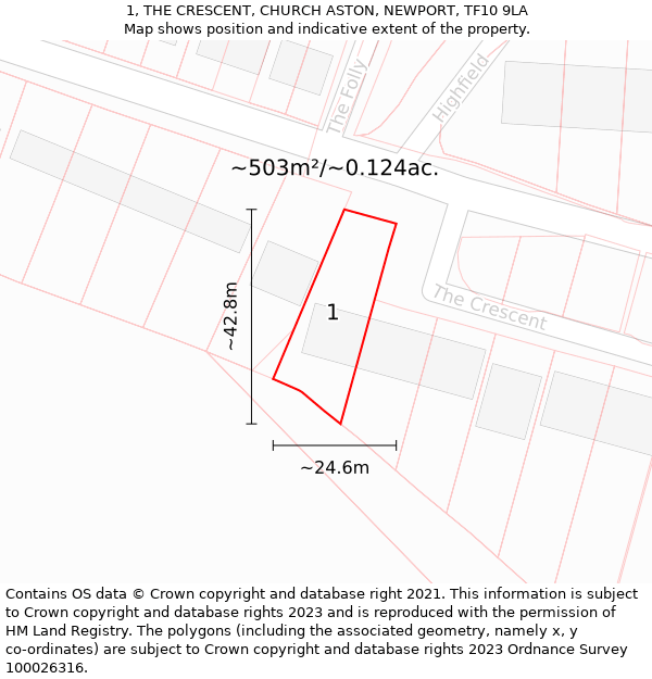 1, THE CRESCENT, CHURCH ASTON, NEWPORT, TF10 9LA: Plot and title map