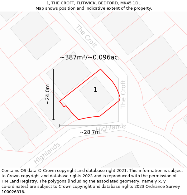 1, THE CROFT, FLITWICK, BEDFORD, MK45 1DL: Plot and title map