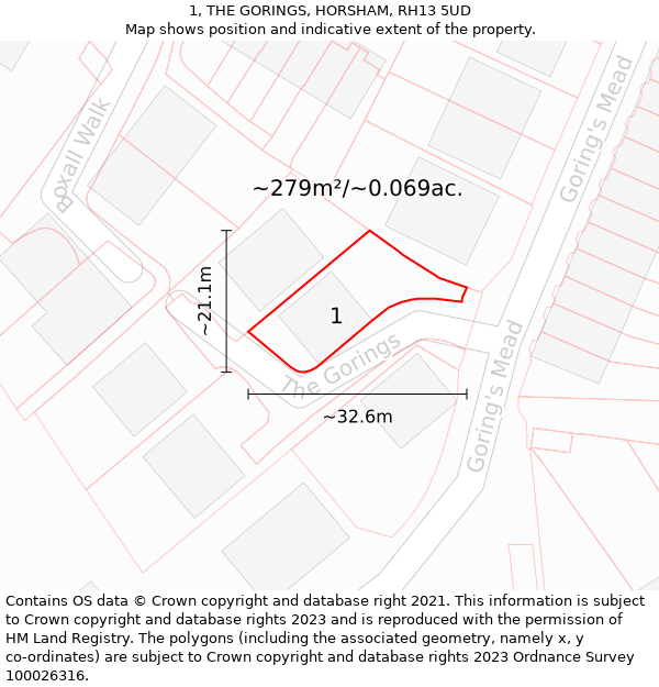 1, THE GORINGS, HORSHAM, RH13 5UD: Plot and title map