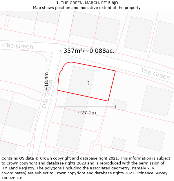 1, THE GREEN, MARCH, PE15 8JD: Plot and title map