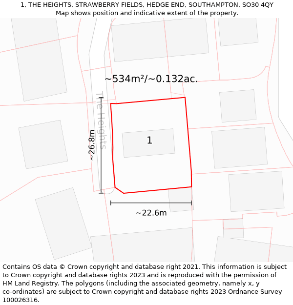 1, THE HEIGHTS, STRAWBERRY FIELDS, HEDGE END, SOUTHAMPTON, SO30 4QY: Plot and title map