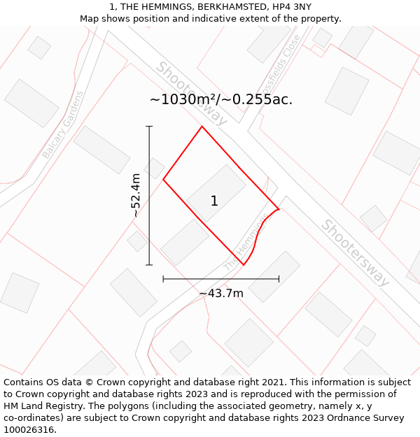 1, THE HEMMINGS, BERKHAMSTED, HP4 3NY: Plot and title map