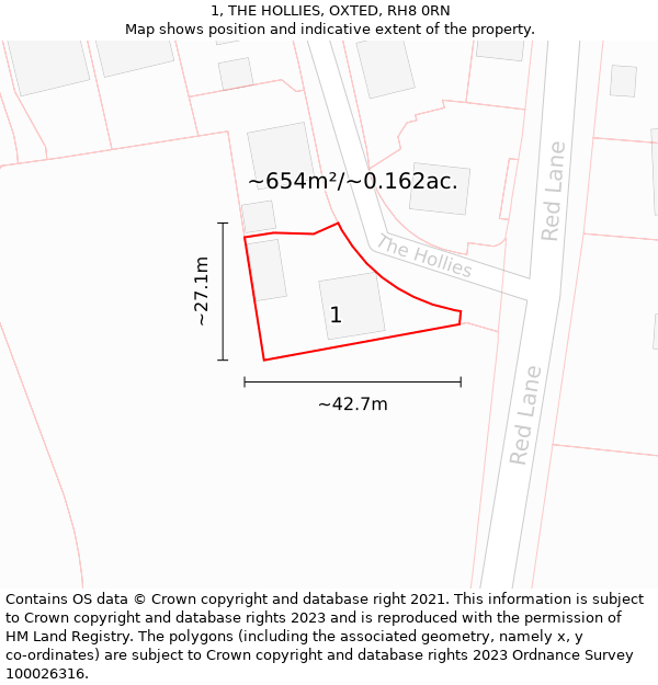 1, THE HOLLIES, OXTED, RH8 0RN: Plot and title map