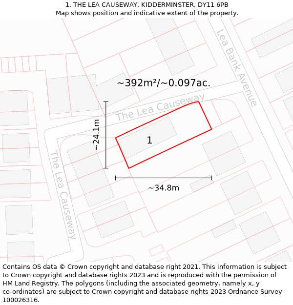 1, THE LEA CAUSEWAY, KIDDERMINSTER, DY11 6PB: Plot and title map