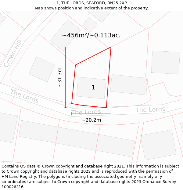 1, THE LORDS, SEAFORD, BN25 2XP: Plot and title map