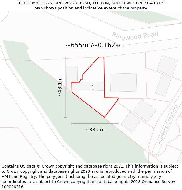 1, THE MALLOWS, RINGWOOD ROAD, TOTTON, SOUTHAMPTON, SO40 7DY: Plot and title map