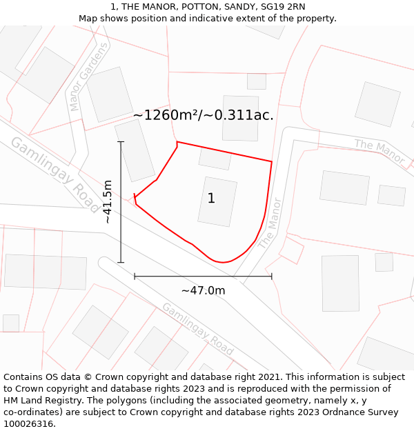 1, THE MANOR, POTTON, SANDY, SG19 2RN: Plot and title map