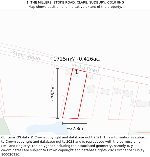 1, THE MILLERS, STOKE ROAD, CLARE, SUDBURY, CO10 8HG: Plot and title map