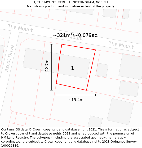 1, THE MOUNT, REDHILL, NOTTINGHAM, NG5 8LU: Plot and title map