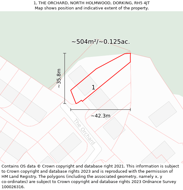 1, THE ORCHARD, NORTH HOLMWOOD, DORKING, RH5 4JT: Plot and title map