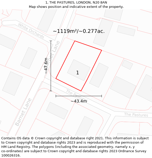 1, THE PASTURES, LONDON, N20 8AN: Plot and title map