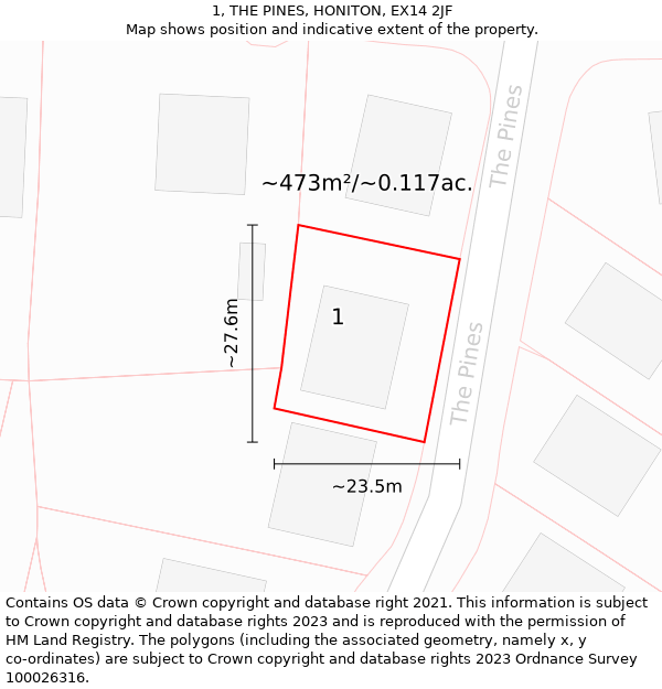 1, THE PINES, HONITON, EX14 2JF: Plot and title map