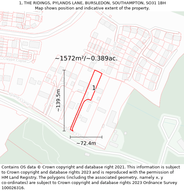 1, THE RIDINGS, PYLANDS LANE, BURSLEDON, SOUTHAMPTON, SO31 1BH: Plot and title map
