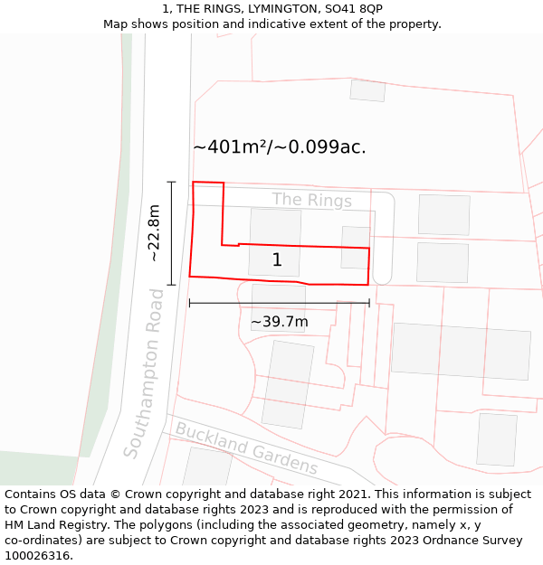 1, THE RINGS, LYMINGTON, SO41 8QP: Plot and title map