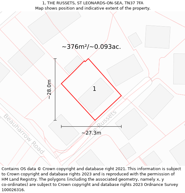 1, THE RUSSETS, ST LEONARDS-ON-SEA, TN37 7FA: Plot and title map