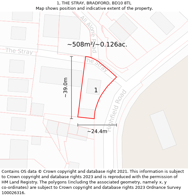 1, THE STRAY, BRADFORD, BD10 8TL: Plot and title map