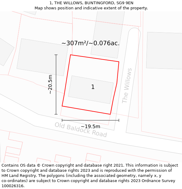 1, THE WILLOWS, BUNTINGFORD, SG9 9EN: Plot and title map