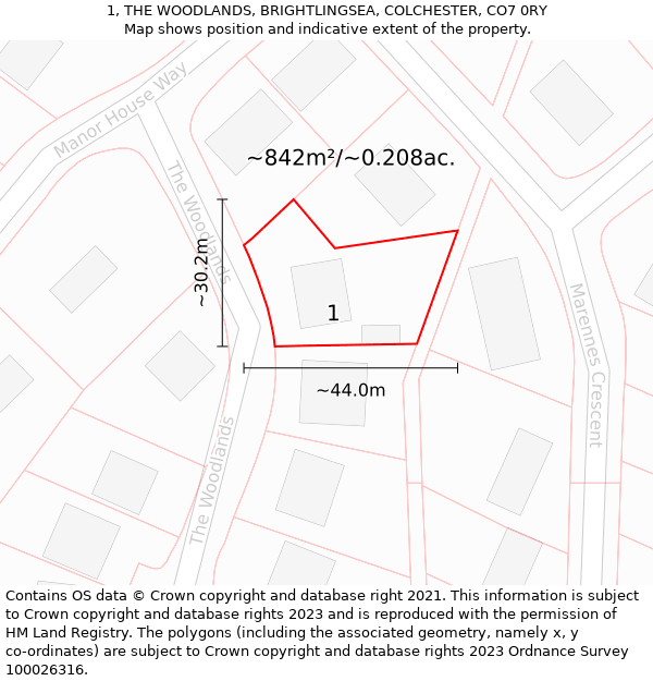 1, THE WOODLANDS, BRIGHTLINGSEA, COLCHESTER, CO7 0RY: Plot and title map