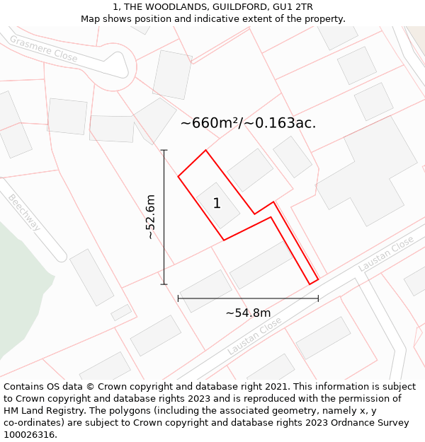 1, THE WOODLANDS, GUILDFORD, GU1 2TR: Plot and title map