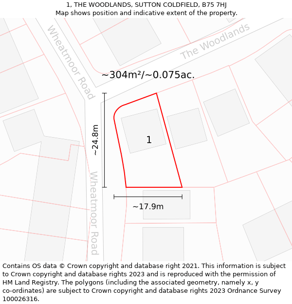 1, THE WOODLANDS, SUTTON COLDFIELD, B75 7HJ: Plot and title map