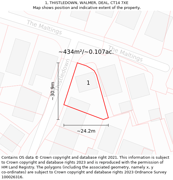 1, THISTLEDOWN, WALMER, DEAL, CT14 7XE: Plot and title map