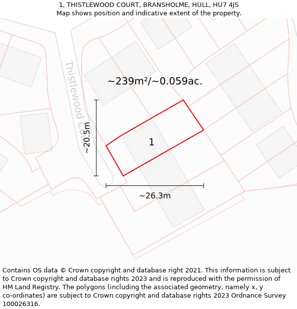 1, THISTLEWOOD COURT, BRANSHOLME, HULL, HU7 4JS: Plot and title map