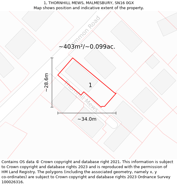 1, THORNHILL MEWS, MALMESBURY, SN16 0GX: Plot and title map