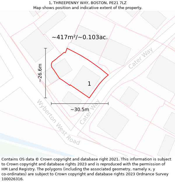 1, THREEPENNY WAY, BOSTON, PE21 7LZ: Plot and title map