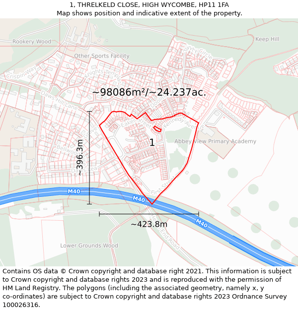 1, THRELKELD CLOSE, HIGH WYCOMBE, HP11 1FA: Plot and title map