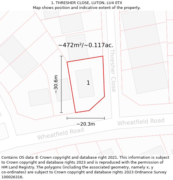 1, THRESHER CLOSE, LUTON, LU4 0TX: Plot and title map