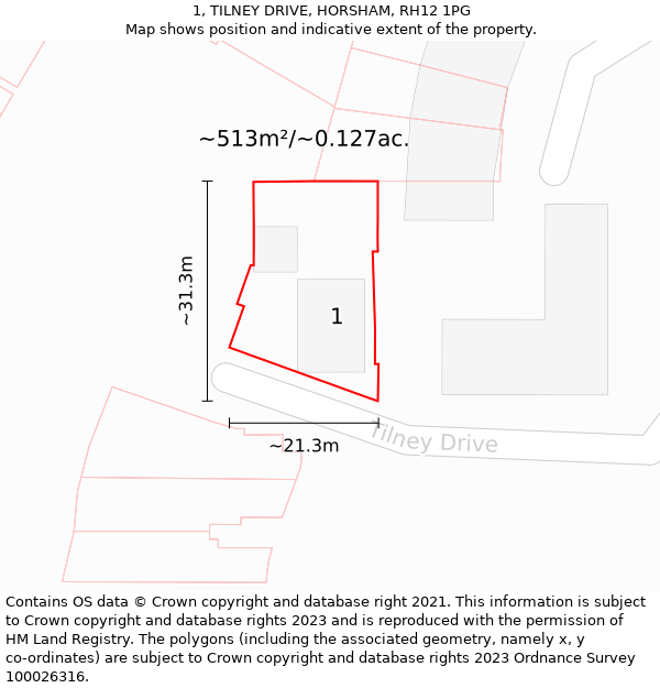 1, TILNEY DRIVE, HORSHAM, RH12 1PG: Plot and title map