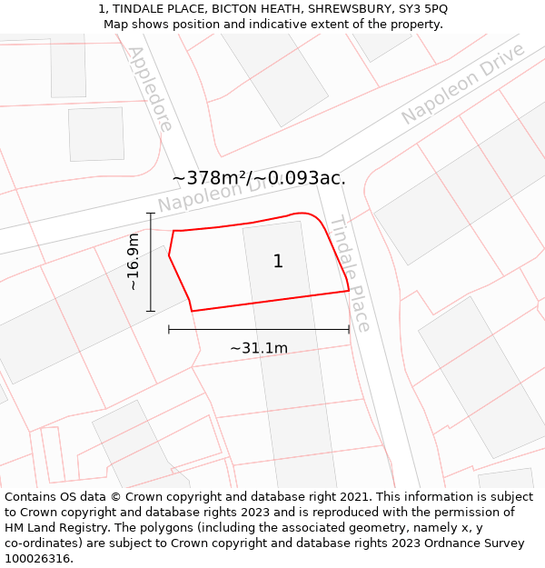 1, TINDALE PLACE, BICTON HEATH, SHREWSBURY, SY3 5PQ: Plot and title map