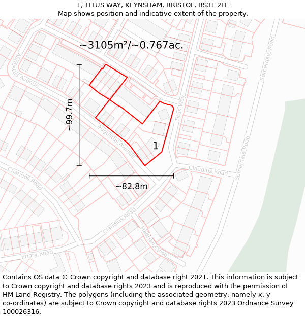 1, TITUS WAY, KEYNSHAM, BRISTOL, BS31 2FE: Plot and title map