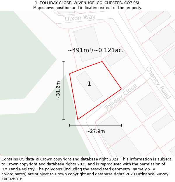 1, TOLLIDAY CLOSE, WIVENHOE, COLCHESTER, CO7 9SL: Plot and title map