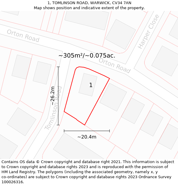 1, TOMLINSON ROAD, WARWICK, CV34 7AN: Plot and title map