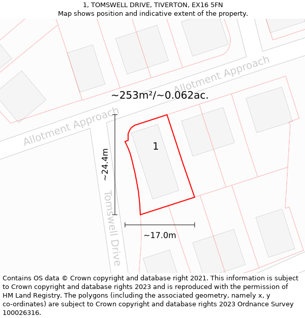 1, TOMSWELL DRIVE, TIVERTON, EX16 5FN: Plot and title map