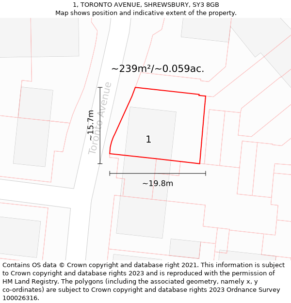 1, TORONTO AVENUE, SHREWSBURY, SY3 8GB: Plot and title map