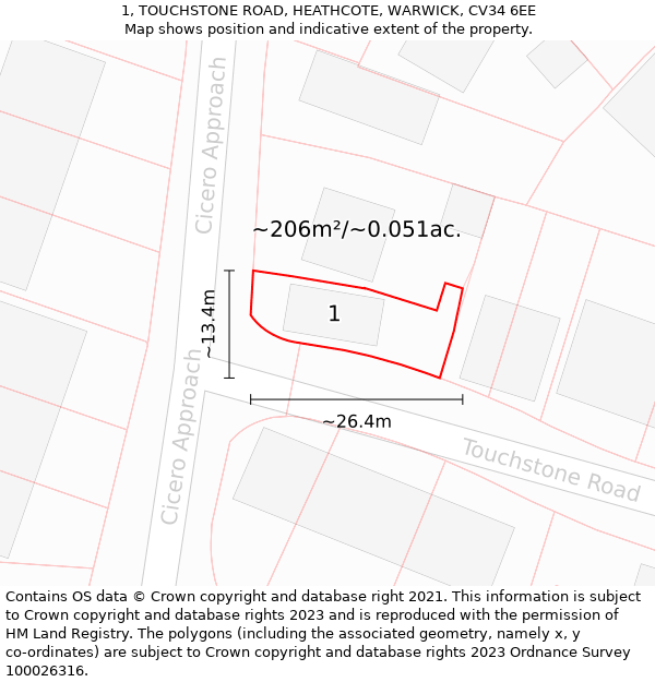 1, TOUCHSTONE ROAD, HEATHCOTE, WARWICK, CV34 6EE: Plot and title map