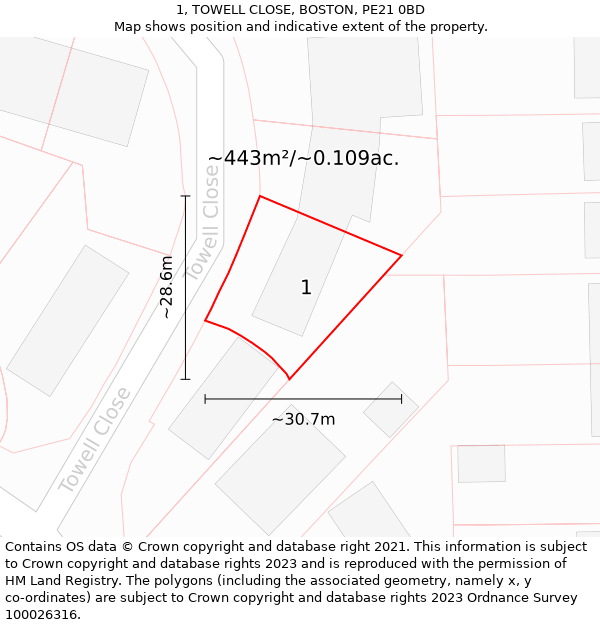 1, TOWELL CLOSE, BOSTON, PE21 0BD: Plot and title map