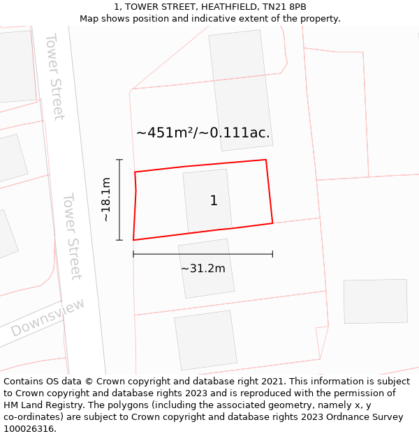 1, TOWER STREET, HEATHFIELD, TN21 8PB: Plot and title map