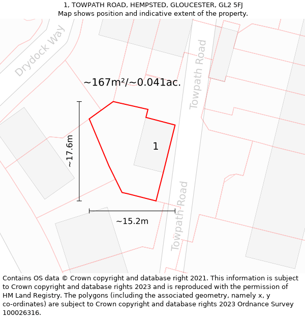 1, TOWPATH ROAD, HEMPSTED, GLOUCESTER, GL2 5FJ: Plot and title map