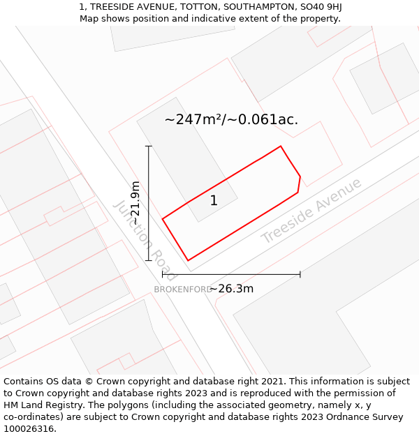 1, TREESIDE AVENUE, TOTTON, SOUTHAMPTON, SO40 9HJ: Plot and title map