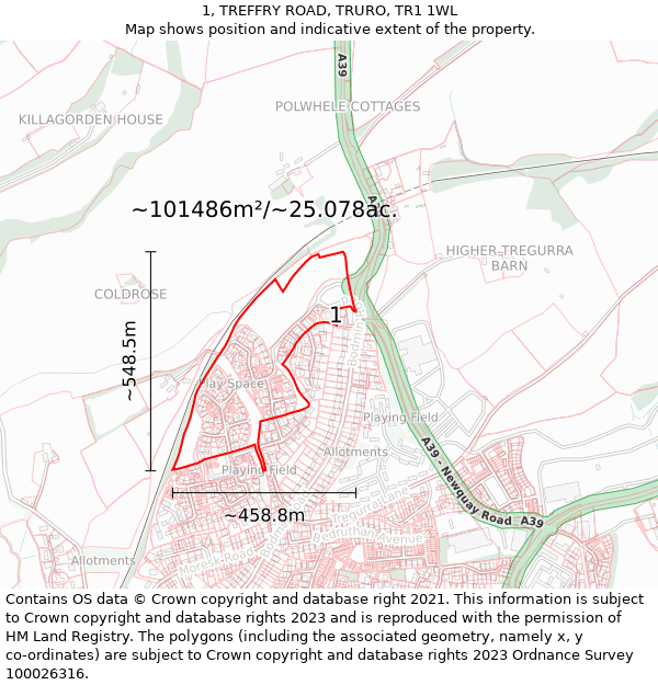 1, TREFFRY ROAD, TRURO, TR1 1WL: Plot and title map